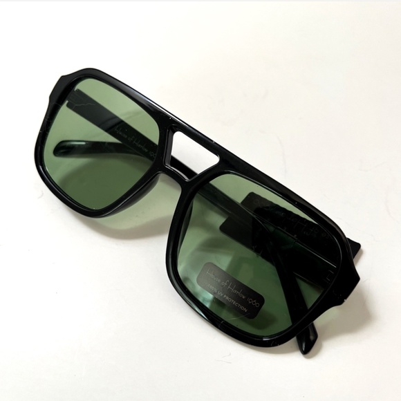 NWT HOUSE OF HARLOW Double Bridge Aviator Sunglasses Acetate Black Green Lens